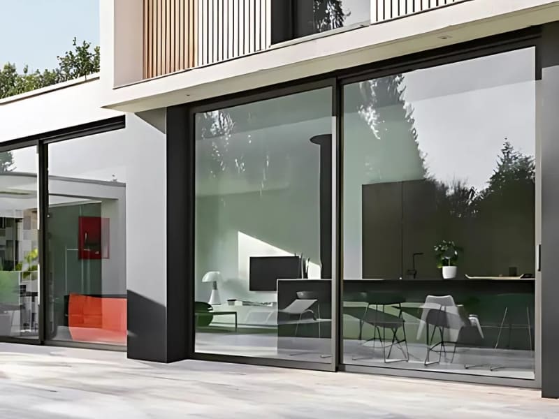 Photo extérieure d'une maison moderne avec de grandes baies vitrées en aluminium de couleur noire.