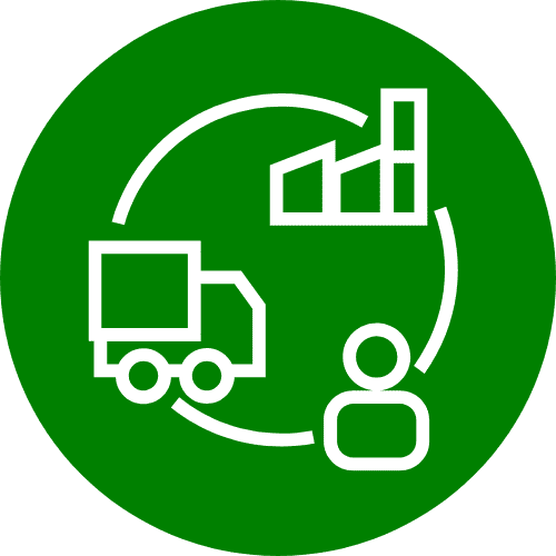 Icône représentant un circuit court (fabrication, livraison, installation) en blanc dans un cercle vert.