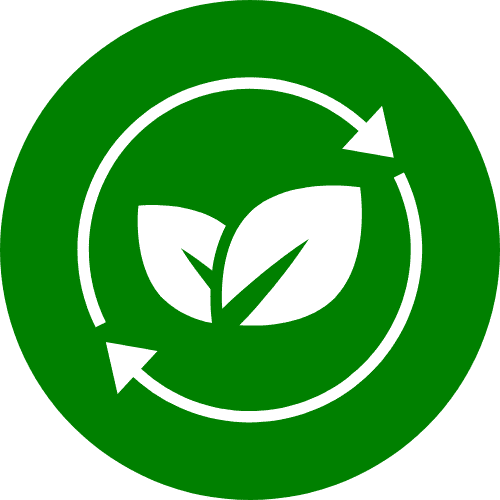 Icône représentant un sigle eco sourcé de deux feuilles entourés de flèches en blanc dans un cercle vert.