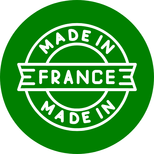 Icône représentant le made in France en blanc dans un cercle vert.