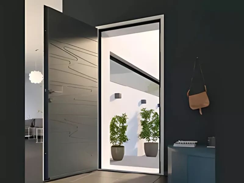 Photo intérieure d'une porte d'entrée moderne en aluminium de couleur noire.
